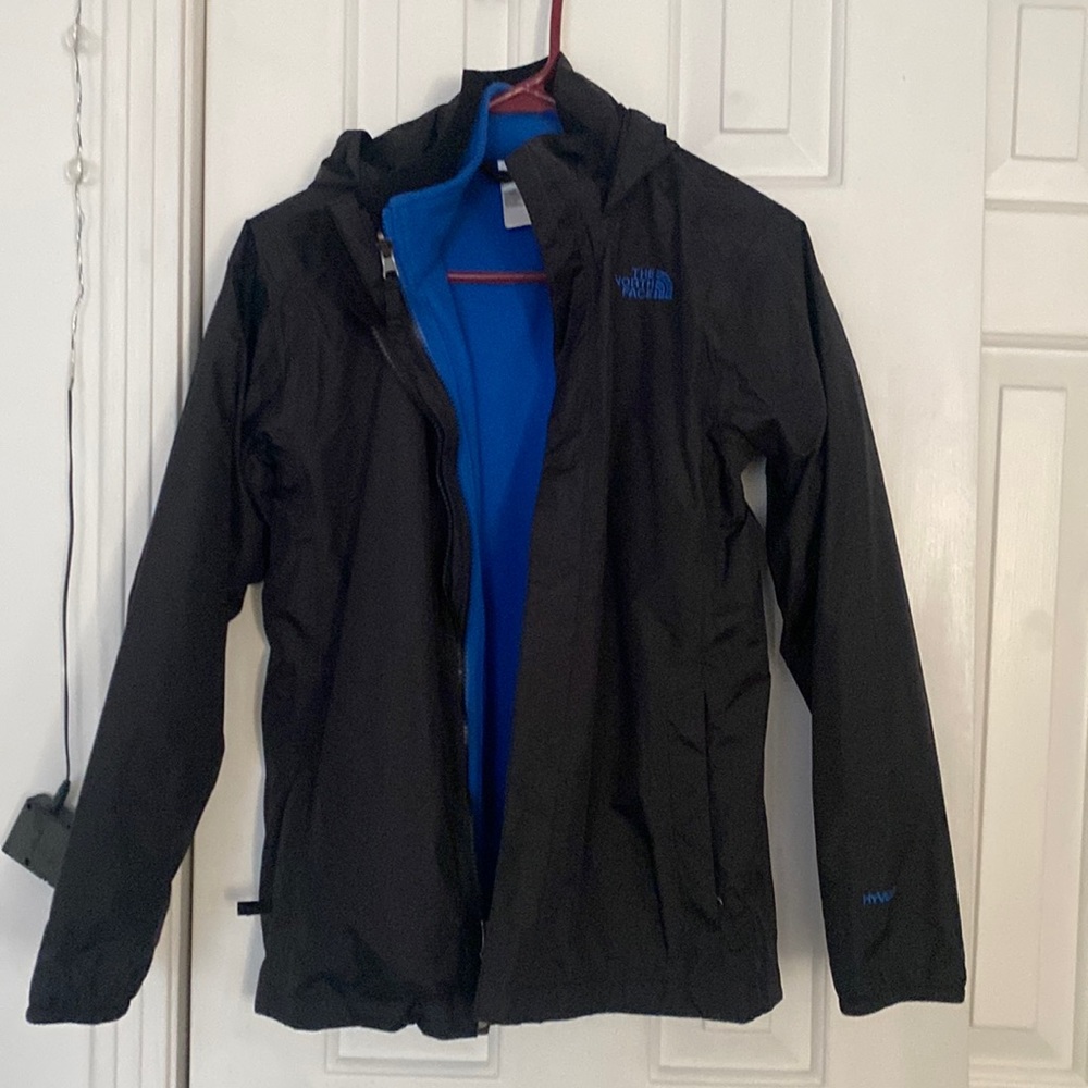 Boys black with blue fleece liner North Face coat.